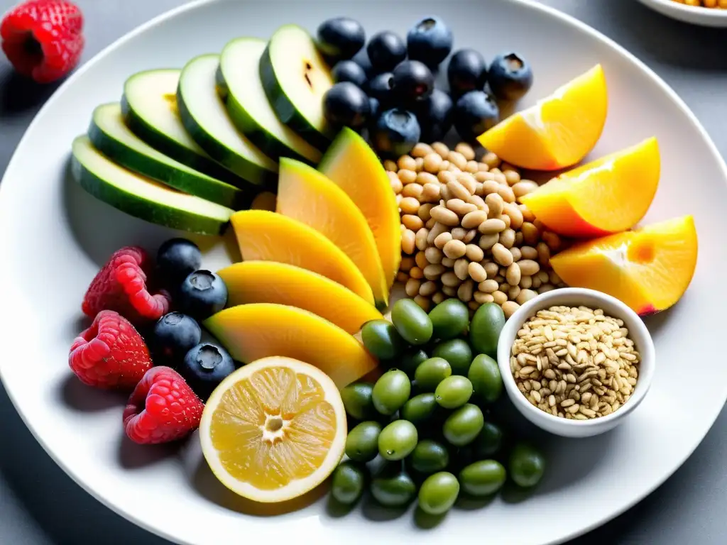 Delicioso festín vegano para atletas Una exquisita presentación de alimentos veganos energéticos para atletas, con frutas frescas, granos enteros y legumbres