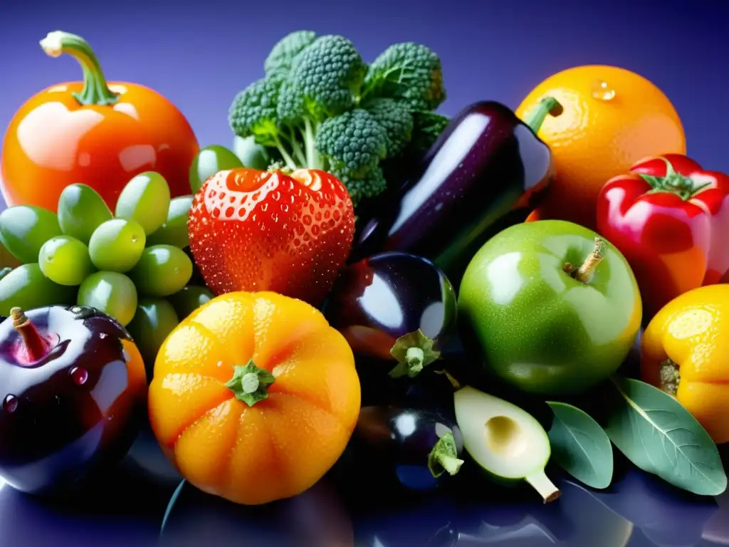 Exquisita exhibición de frutas y verduras en cocina moderna Una exquisita selección de frutas y verduras frescas en una encimera moderna