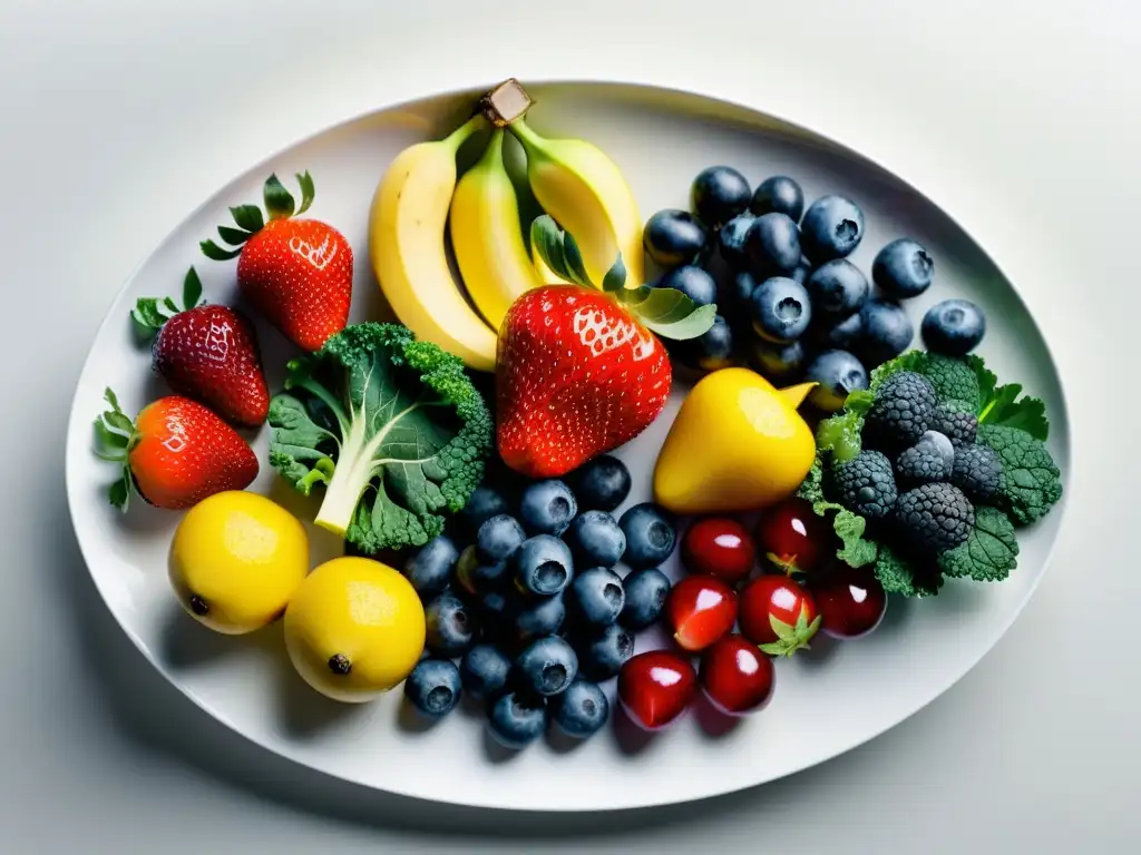Deliciosos Frutas y Vegetales Frescos en Plato Blanco Una exquisita selección de frutas y verduras frescas, con fresas rojas vibrantes, kale verde, plátanos amarillos y arándanos morados