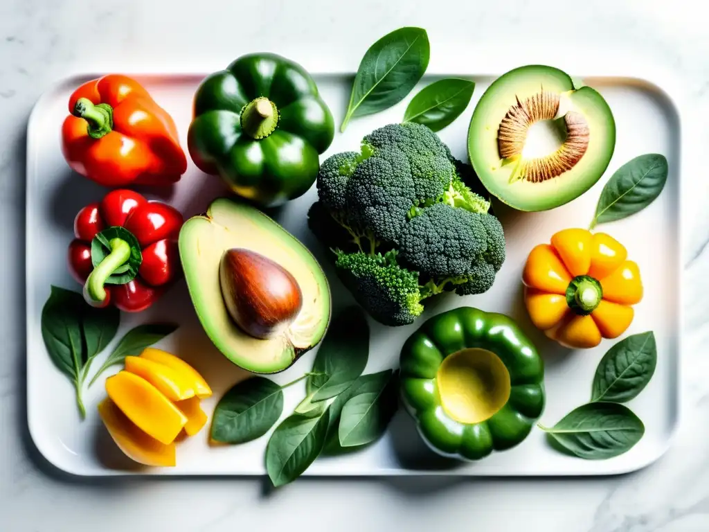 Vibrante variedad de alimentos antiinflamatorios en mármol blanco Una exquisita variedad de alimentos antiinflamatorios para recuperación post-entrenamiento, dispuestos sobre una elegante tabla de mármol blanco