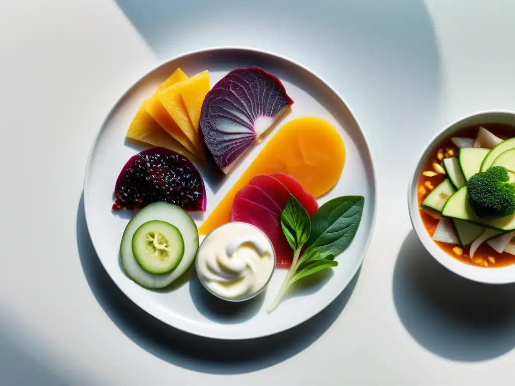 Exquisita diversidad de alimentos probióticos en alta resolución Una exquisita variedad de alimentos probióticos, brillantes y coloridos, en un elegante plato blanco