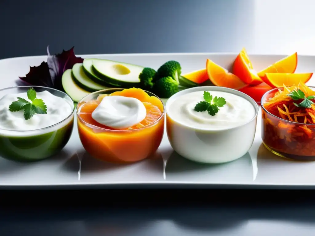 Alimentos probióticos: colores vibrantes y presentación apetitosa Una exquisita variedad de alimentos probióticos coloridos y ricos en nutrientes, como yogur, kimchi, chucrut, kombucha y kéfir, exhibidos de forma elegante en una bandeja blanca moderna