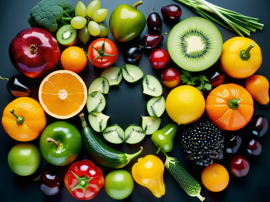 Exuberancia Frutal: Arte Visual de Frutas y Verduras Una exquisita variedad de frutas y verduras frescas dispuestas con precisión en una superficie moderna y oscura