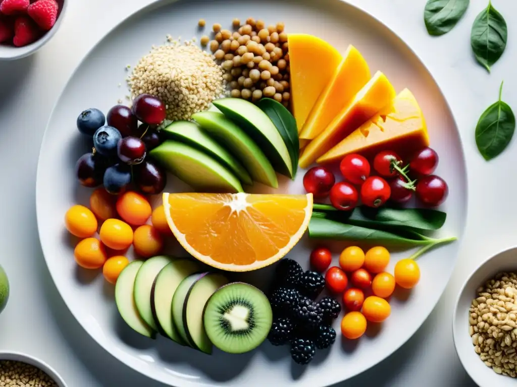 Vibrante variedad de alimentos fibrosos para la salud intestinal Una exquisita variedad de frutas, verduras y granos enteros en un plato blanco, resaltando la frescura y vitalidad