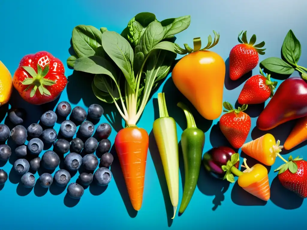 Exquisita variedad de frutas y verduras antiinflamatorias Una exquisita variedad de frutas y verduras coloridas dispuestas de forma artística