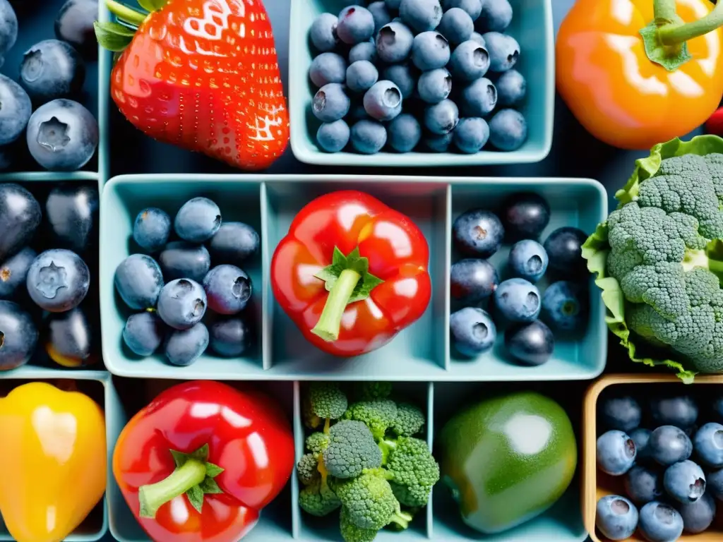Deliciosos antioxidantes para rendimiento deportivo Una exquisita variedad de frutas y verduras ricas en antioxidantes en una presentación moderna y atractiva
