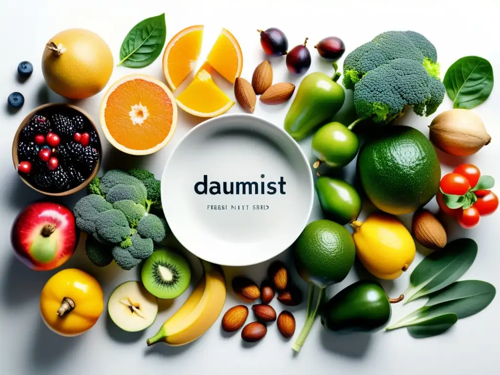 Exquisita exhibición de frutas, verduras y frutos secos Una exquisita variedad de frutas, verduras, frutos secos y semillas, despliega su colorida y vibrante frescura sobre una elegante encimera blanca