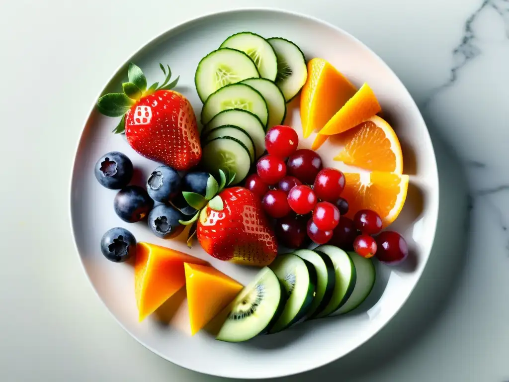 Exquisita exhibición de frutas y verduras para crossfitters Una exquisita variedad de frutas y verduras frescas, meticulosamente cortadas y dispuestas en un patrón intrincado en un plato blanco moderno