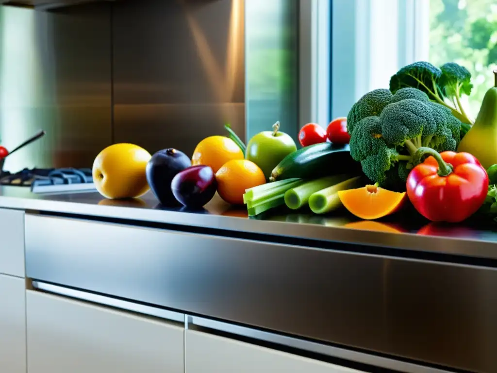 Exuberante naturaleza en la cocina: frutas y verduras frescas Una exquisita variedad de frutas y verduras frescas, con colores, texturas y formas vibrantes, bañadas por la suave luz natural