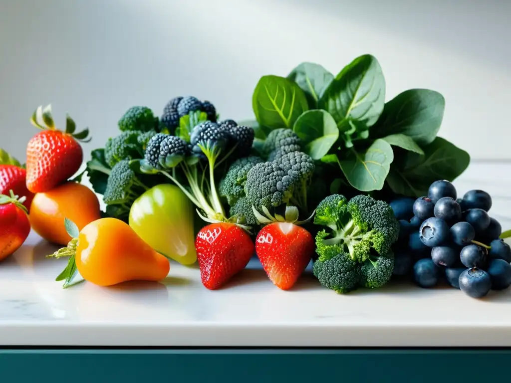 Exquisita exhibición de frutas y verduras ricas en fibra Una exquisita variedad de frutas y verduras frescas de alta fibra, en una cocina moderna