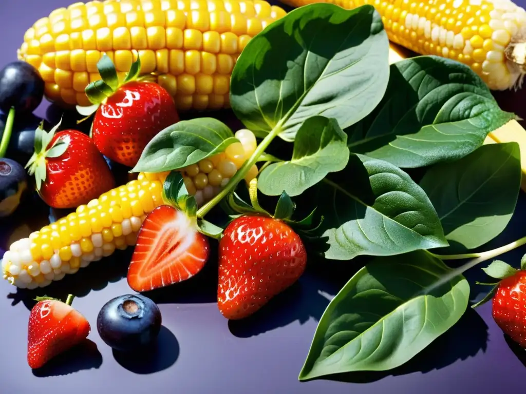 Frescura vibrante: Frutas y verduras en detalle Una exquisita variedad de frutas y verduras frescas, vibrantes y jugosas