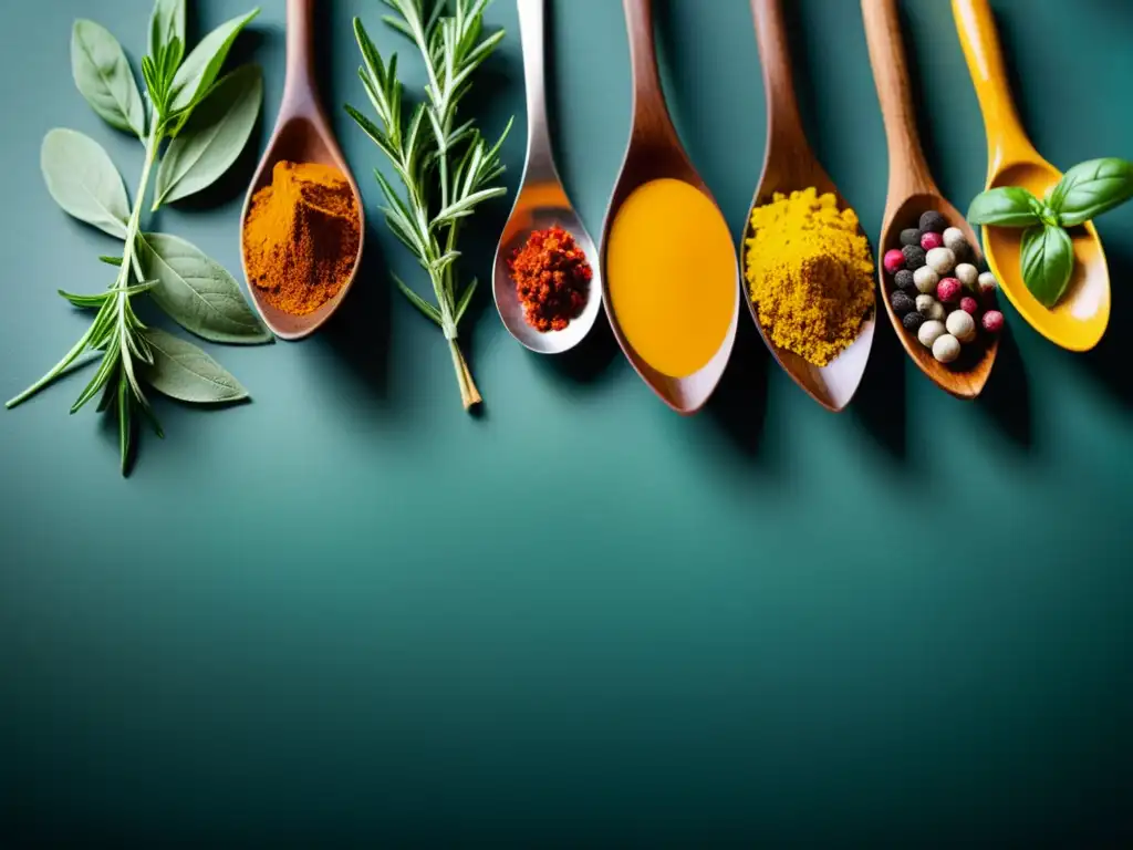 Exquisitas hierbas y especias en la cocina Una exquisita variedad de hierbas y especias vibrantes, iluminadas por la luz natural en una cocina moderna