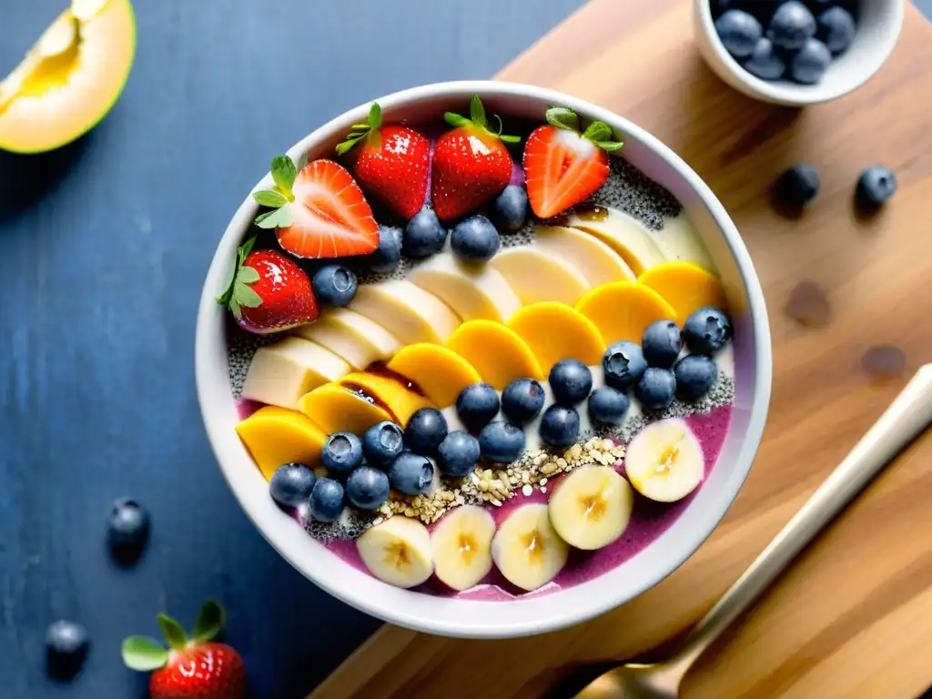 Deliciosa y Colorida Smoothie Bowl con Frutas Frescas Una exquisita y vibrante bowl de smoothie con frutas frescas y semillas, sobre una moderna mesa de madera