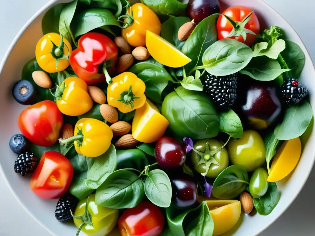 Ensalada orgánica vibrante: colores, texturas y frescura Una exquisita y vibrante ensalada vegana para atletas, con ingredientes frescos, colores vivos y una presentación moderna y sofisticada