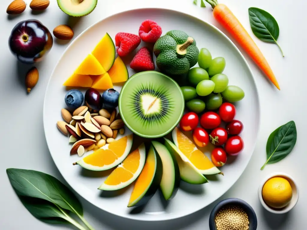 Arte Nutritivo: Explosión de Color y Textura en un Plato Blanco Una exuberante composición de frutas, verduras, frutos secos y semillas en un plato blanco