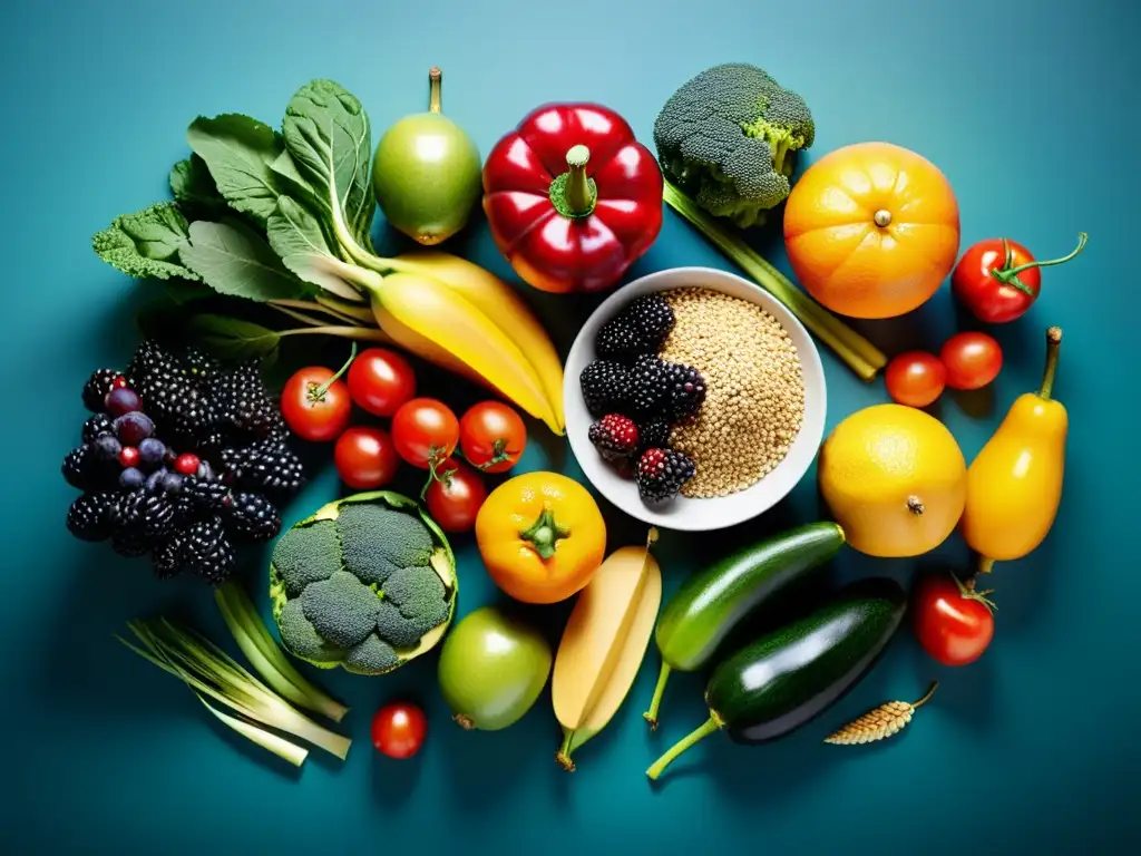 Vibrante bodegón de frutas, verduras y granos enteros Una exuberante composición de frutas, verduras y granos enteros, evocando vitalidad y abundancia de fibra en la dieta deportiva