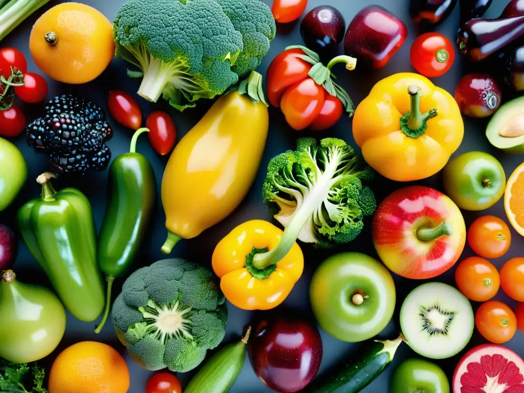 Exuberante exhibición de frutas y verduras frescas y coloridas Una exuberante exhibición de frutas y verduras frescas y coloridas, que evoca estrategias nutricionales para control de peso