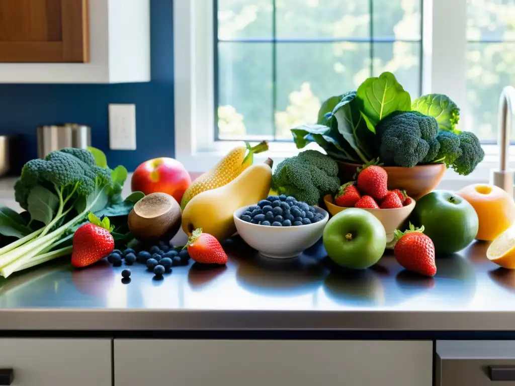 Frescura y vitalidad: la importancia de la fibra en la dieta deportiva Una exuberante variedad de frutas, verduras y granos integrales en una cocina moderna