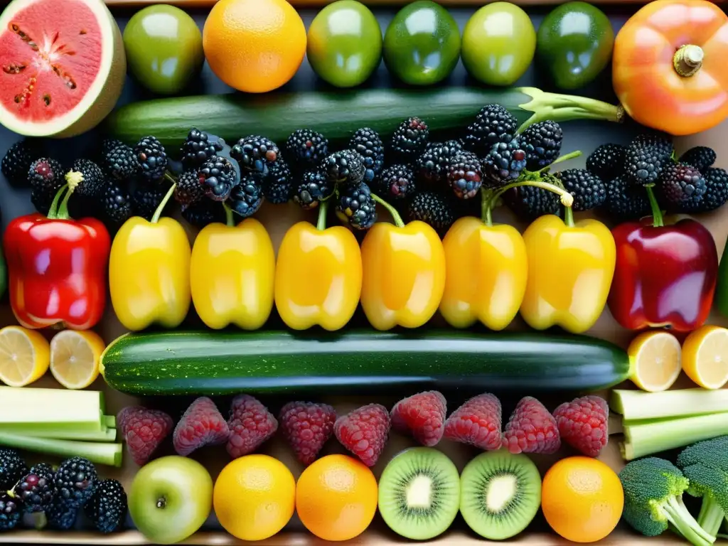 Una exuberante y vibrante composición de frutas, verduras y granos, creando una escena fresca y vital