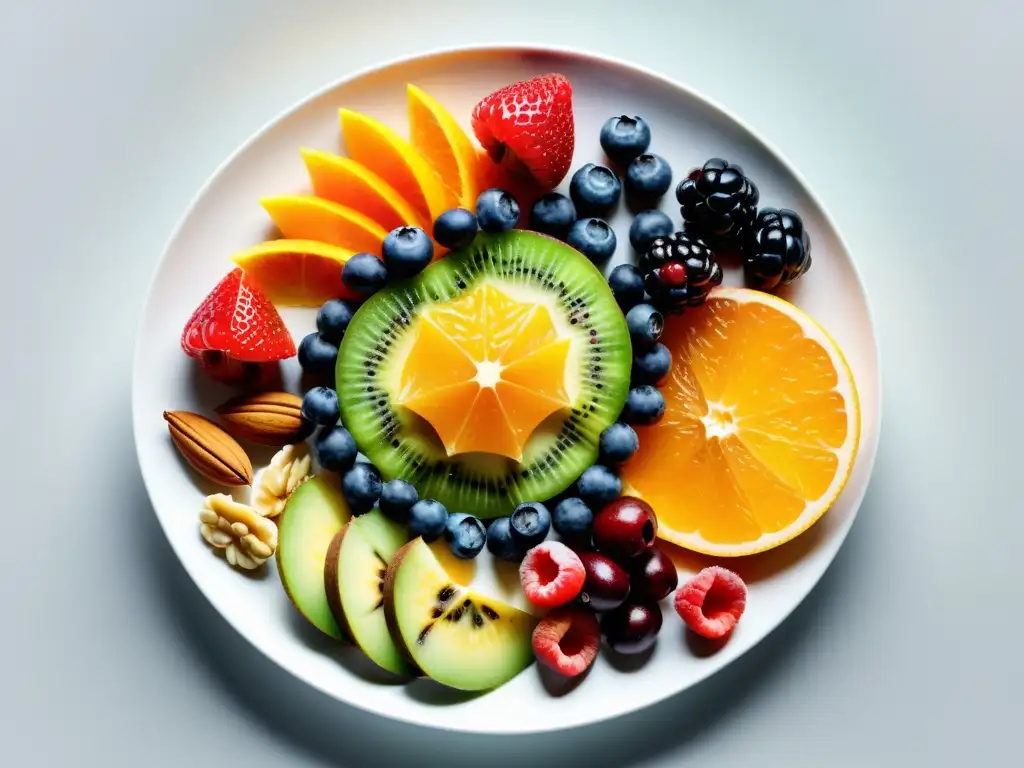 Plato fitness: explosión de color y nutrientes para patinaje Un festín de colores y texturas en un plato blanco: nutrición deportiva para patinaje sobre hielo