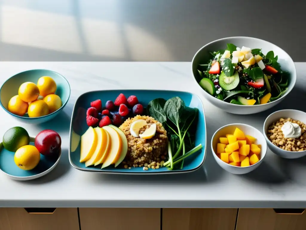 Comida saludable para patinadora profesional: frescura y sofisticación Un festín de nutrición deportiva para patinaje sobre hielo, con frutas, proteínas y granos integrales en una cocina moderna y elegante