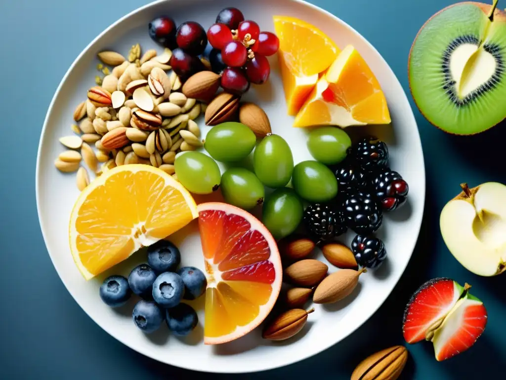 Deliciosa variedad de frutas, nueces y semillas en plato moderno Un festín de frutas, nueces y semillas frescas y coloridas en un plato moderno