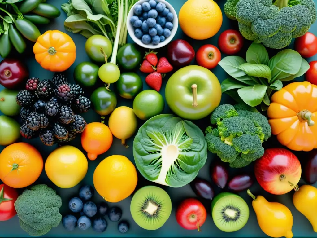 Selección vibrante de frutas y verduras: esencial para atletas Un festín de frutas y verduras frescas, vibrantes y detalladas, resaltando la importancia de las vitaminas y minerales para el rendimiento deportivo