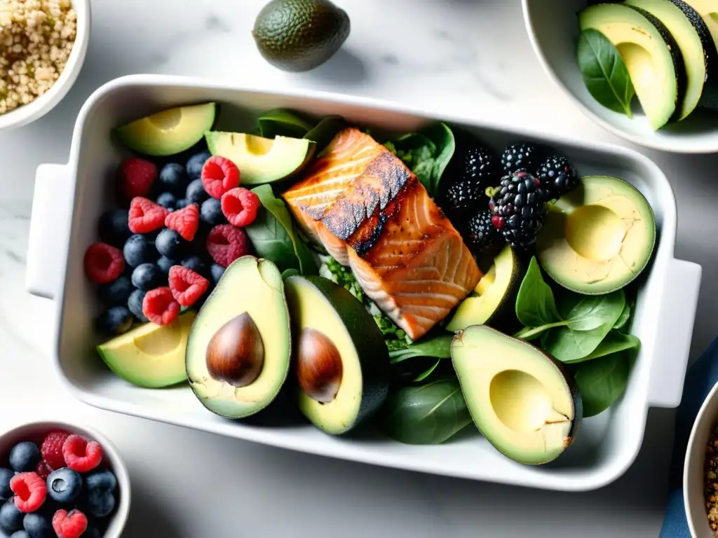 Preparación de Comida Fitness: Colorida y Nutritiva Un festín multicolor y meticulosamente dispuesto de alimentos frescos y saludables en una encimera blanca, bañado por la luz natural
