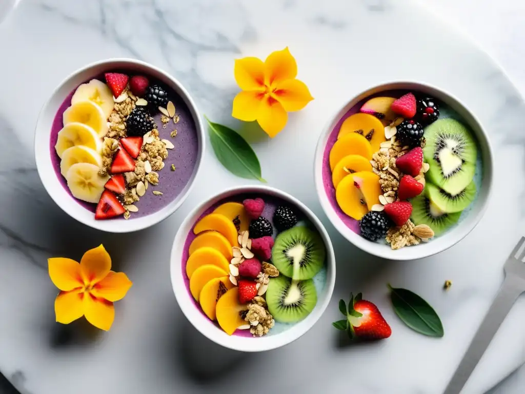 Deliciosos smoothie bowls coloridos en mármol Un festín de smoothie bowls coloridos en una encimera de mármol, decorados con frutas frescas, semillas de chía, granola y flores comestibles