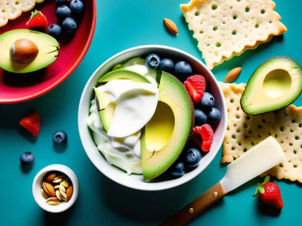 Deliciosa variedad de snacks post-entrenamiento Un festín de snacks inteligentes para nutrición deportiva con aguacate, yogur griego, frutos rojos, frutos secos y semillas