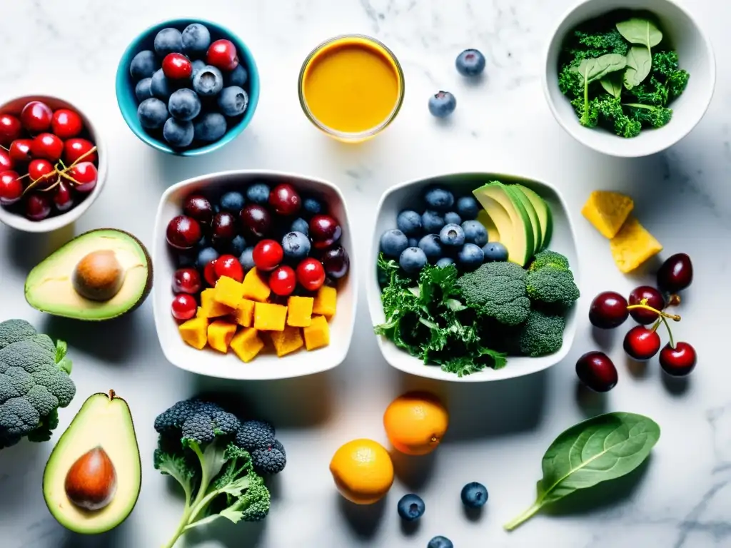 Alimentos antiinflamatorios post-entrenamiento en mármol blanco Un festín visual de alimentos antiinflamatorios para recuperación post-entrenamiento, brillantes y frescos en un elegante mostrador de mármol blanco