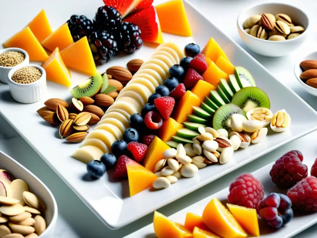Deliciosos snacks energéticos para atletas y fitness Un festín visual de snacks inteligentes para nutrición deportiva: frutas, frutos secos, semillas y barras energéticas en un plato blanco