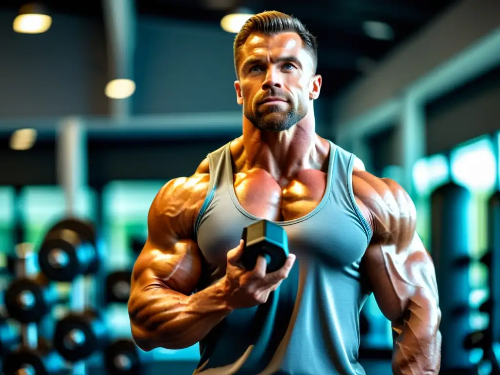 Musculatura definida: HMB Supplement para culturismo Un fisicoculturista profesional toma suplementos HMB antes de entrenar, destacando su determinación y músculos definidos en el gimnasio