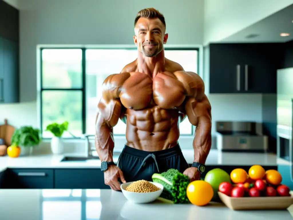 Bodybuilder vegano en cocina moderna Un fisicoculturista vegano prepara alimentos en una cocina moderna, mostrando una dieta vegana para ganar masa muscular