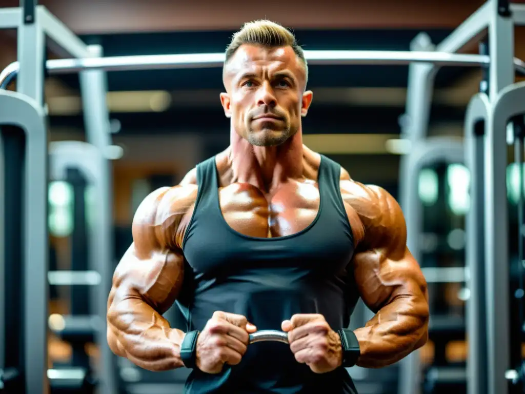 Vegan bodybuilder desafiante en el gimnasio Un fisicoculturista vegano profesional realiza un desafiante ejercicio de fuerza en un gimnasio moderno, exudando determinación y poder