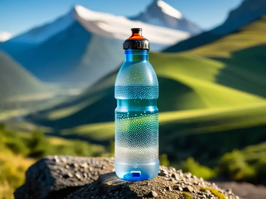 Ciclismo de montaña: Botella cristalina con condensación Un frasco de agua para ciclista cubierto de gotas, con vistas a la montaña