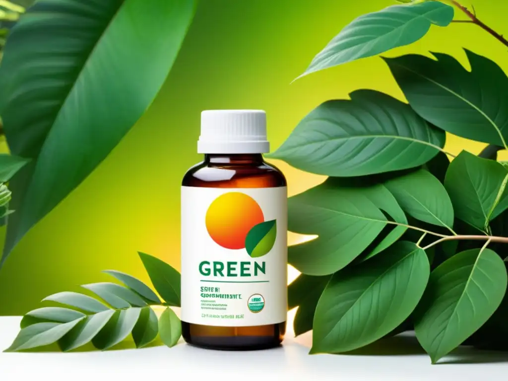 Suplemento ecológico: conexión natural y sostenible Un frasco de suplemento moderno con etiqueta 'Certificado Verde' destaca entre exuberante vegetación