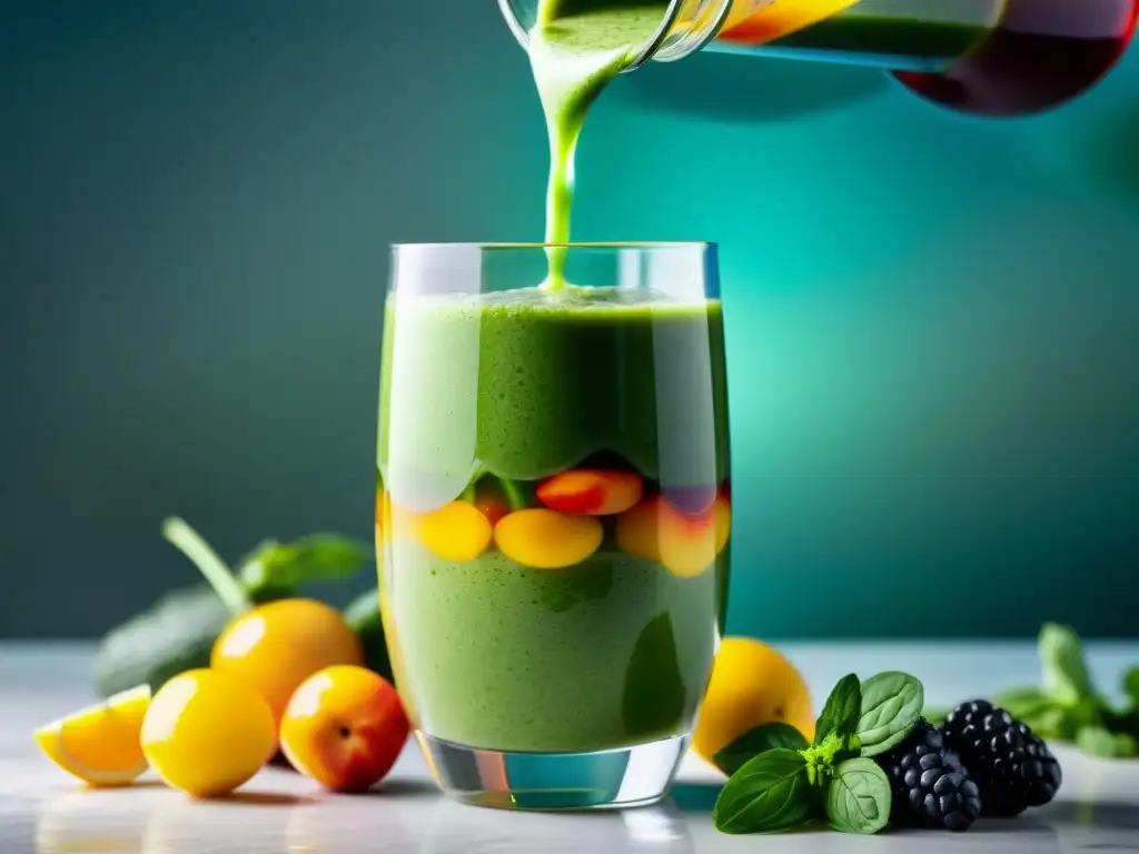 Refrescante smoothie verde en movimiento con ingredientes frescos Un fresco batido verde rebosante de vitalidad y frescura, con ingredientes detallados