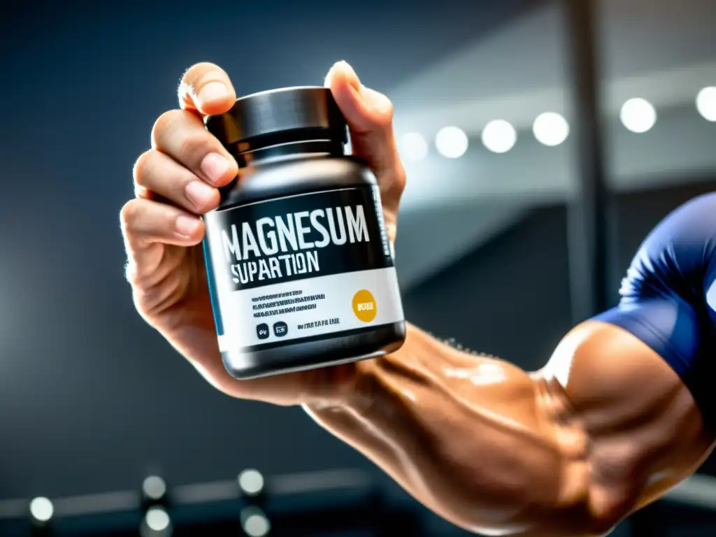 El fuerte atleta sostiene una botella de magnesio, resaltando los beneficios del magnesio en deportistas