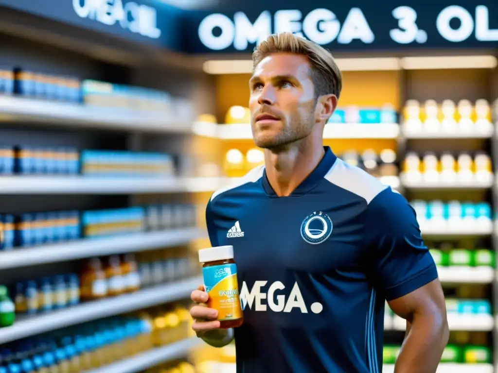 Soccer player con suplementos de omega-3 en acción Un futbolista profesional con ácidos grasos esenciales, enérgico bajo las luces del estadio