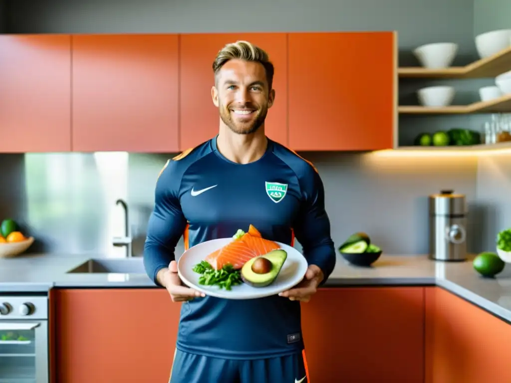 Jugador de fútbol profesional con comida saludable y vibrante Un futbolista profesional con alimentos ricos en ácidos grasos esenciales en una cocina elegante y luminosa