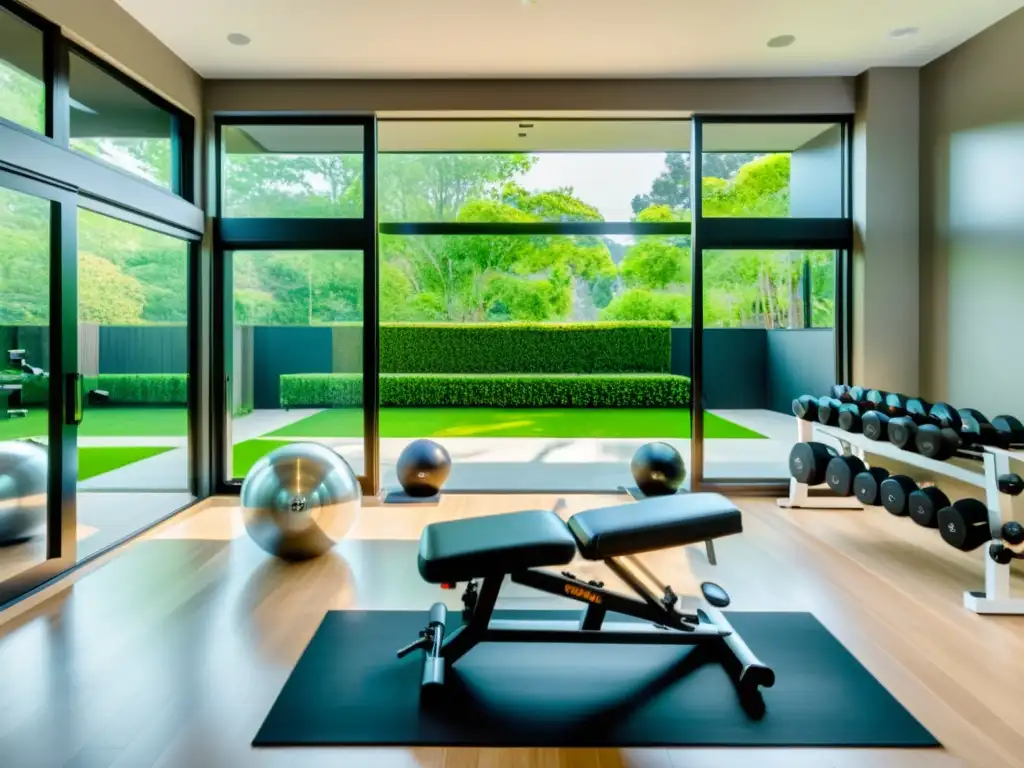 Espacioso gimnasio hogareño moderno y profesional Un gimnasio en casa moderno y espacioso con el mejor banco de pesas multifuncional, ambiente profesional y motivador