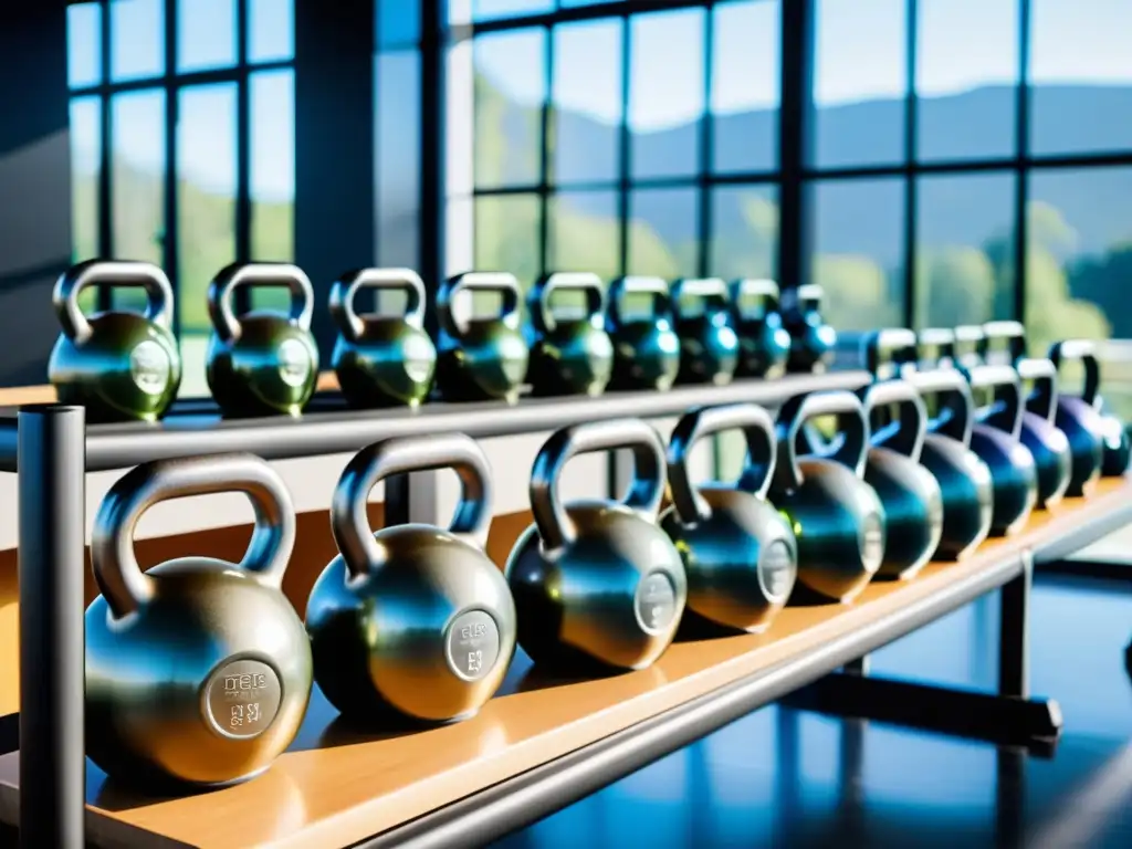 Escoge los mejores kettlebells para entrenamiento funcional en 2023 Un gimnasio moderno con pesas rusas ordenadas, iluminado por luz natural