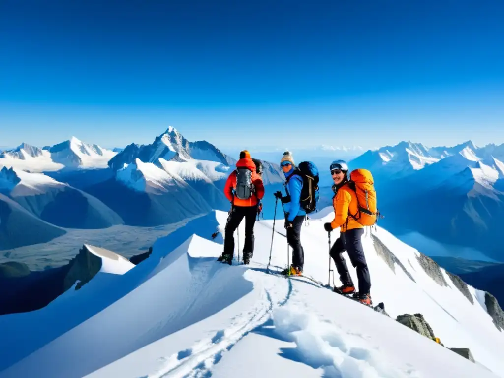 Conquistando cumbres: triunfo y desafío en la montaña Un grupo de alpinistas alcanza la cima de una montaña, con un paisaje de picos nevados y cielo azul