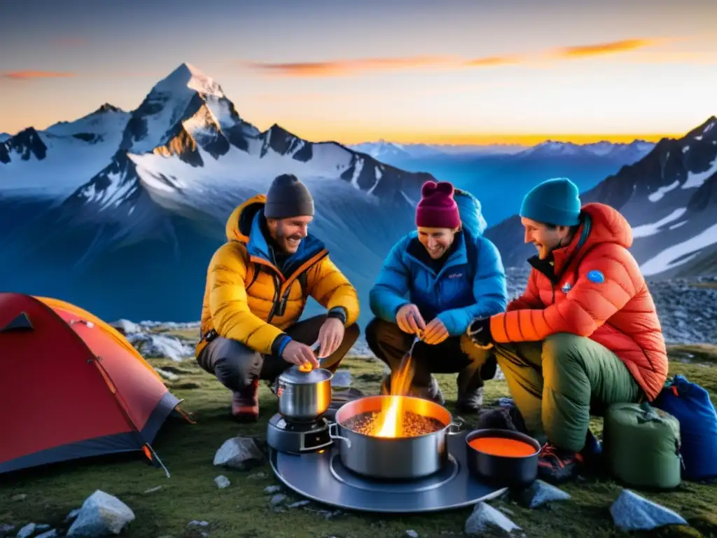 Alpinistas preparándose para la cumbre en atardecer épico Grupo de alpinistas preparando comida en la montaña, con equipo moderno y una vista panorámica impresionante al atardecer
