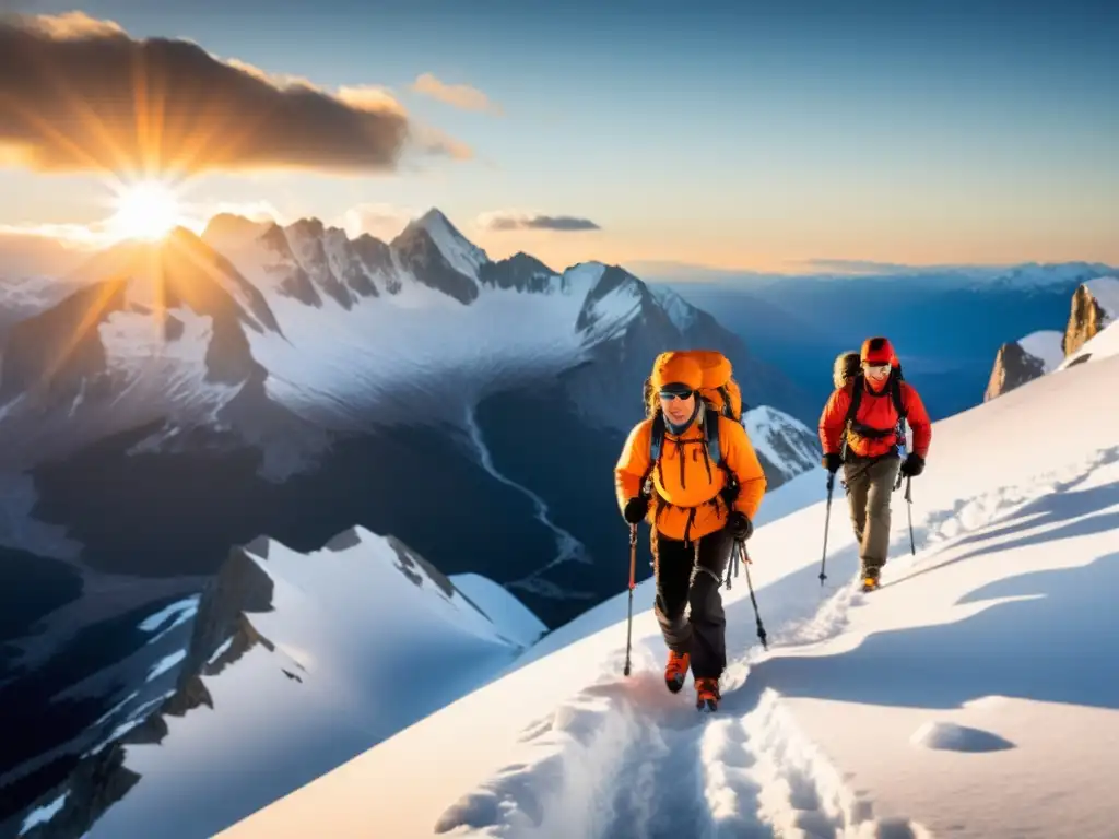 Alpinistas desafían montañas nevadas al atardecer Grupo de alpinistas escalando en paisaje nevado al atardecer
