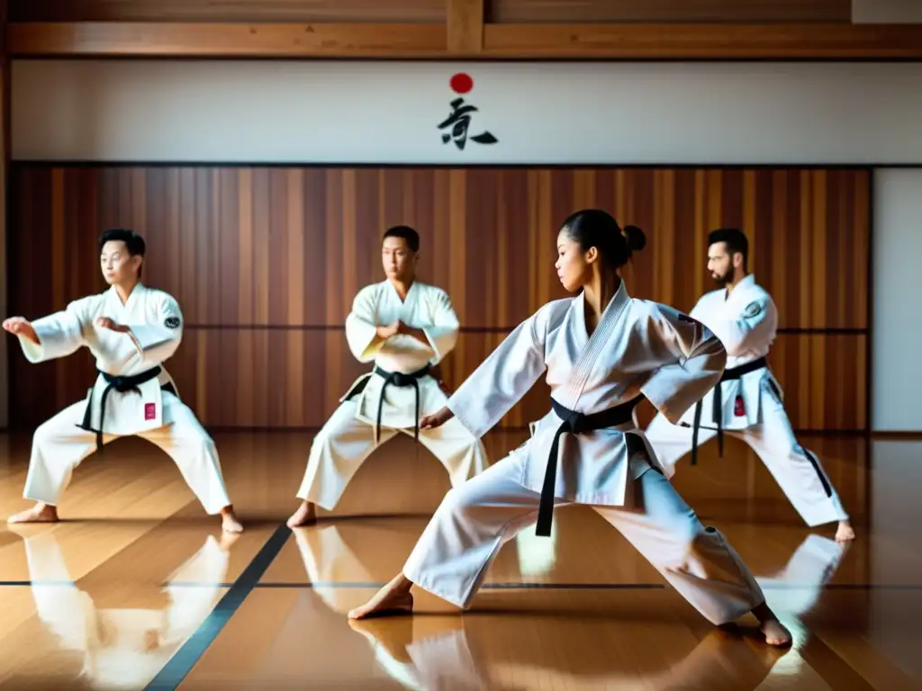 Entrenamiento de karate en dojo moderno Un grupo de artistas marciales se entrena con disciplina en un dojo moderno