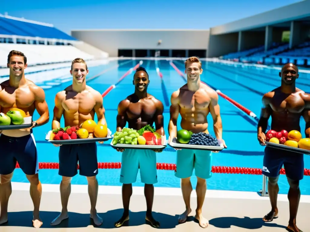 Atletas de natación y buceo con dieta antiinflamatoria Grupo de atletas acuáticos con dieta antiinflamatoria, listos para entrenar en instalación de vanguardia