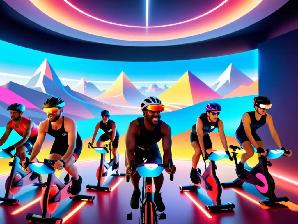 Ciclistas en realidad virtual: paisaje futurista y motivación Grupo de atletas en bicicletas estáticas, inmersos en paisaje digital futurista, con avatares reflejando sus movimientos