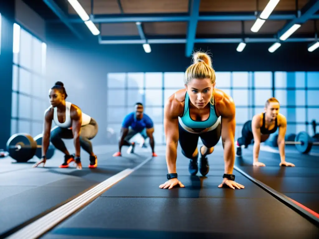 Atletas de crossfit en acción Un grupo de atletas de crossfit realiza entrenamiento de alta intensidad en un gimnasio moderno y futurista